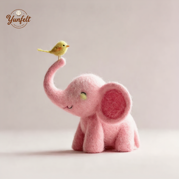 Pink Elephant with Yellow Bird – Wool Felt Heartwarming Figurine
