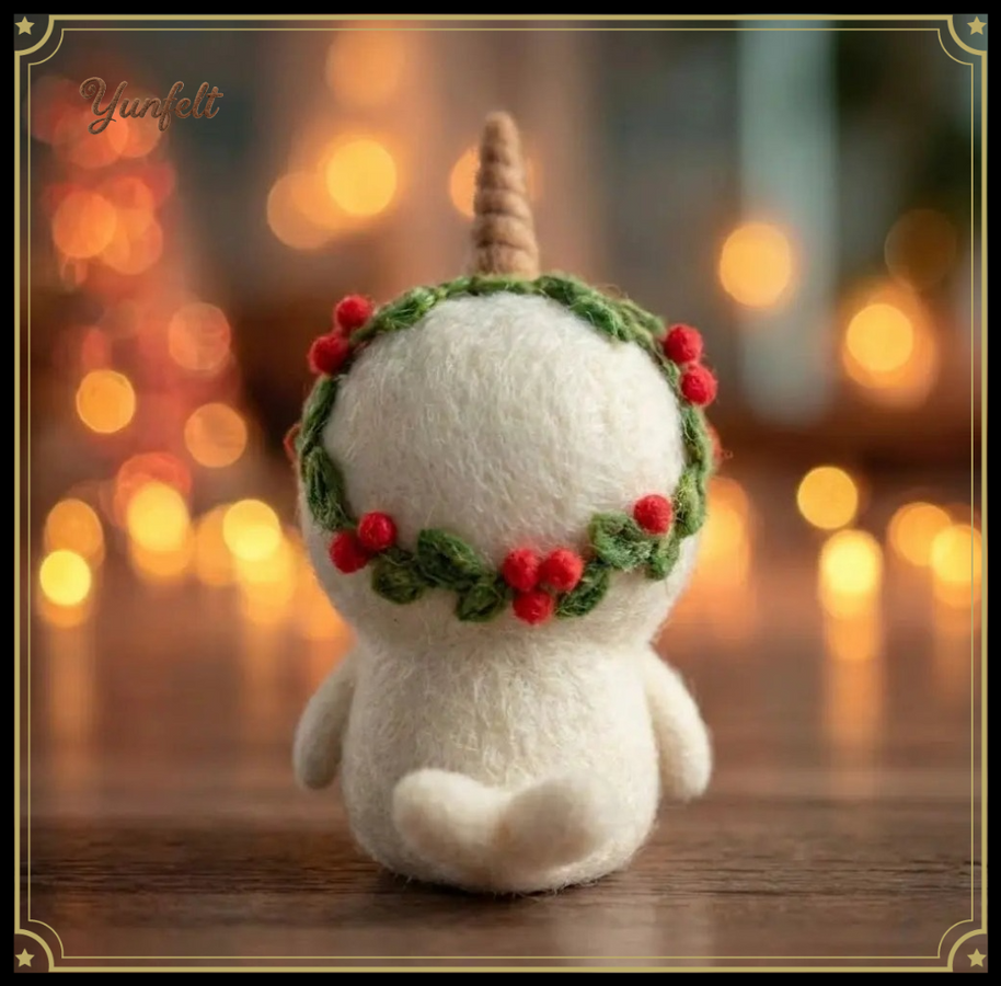 Narwhal with Holly Wreath – Wool Felt Winter Whimsy Ornament