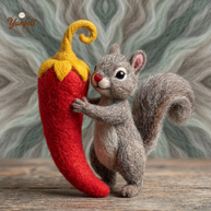 Squirrel Hugging Chili Pepper – Wool Felt Quirky Desk Pet