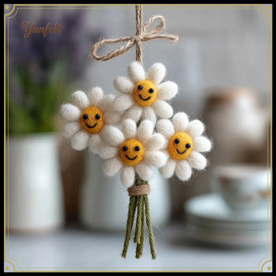 Smiley Daisy Hanging Decor – Wool Felt Embroidered Flower