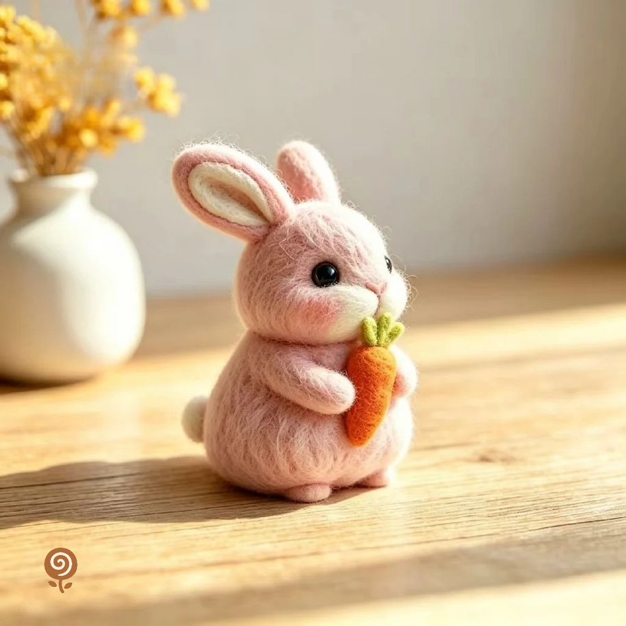 The Little Carrot-Hugging Bunny – Handmade Wool Felt Rabbit Figurine