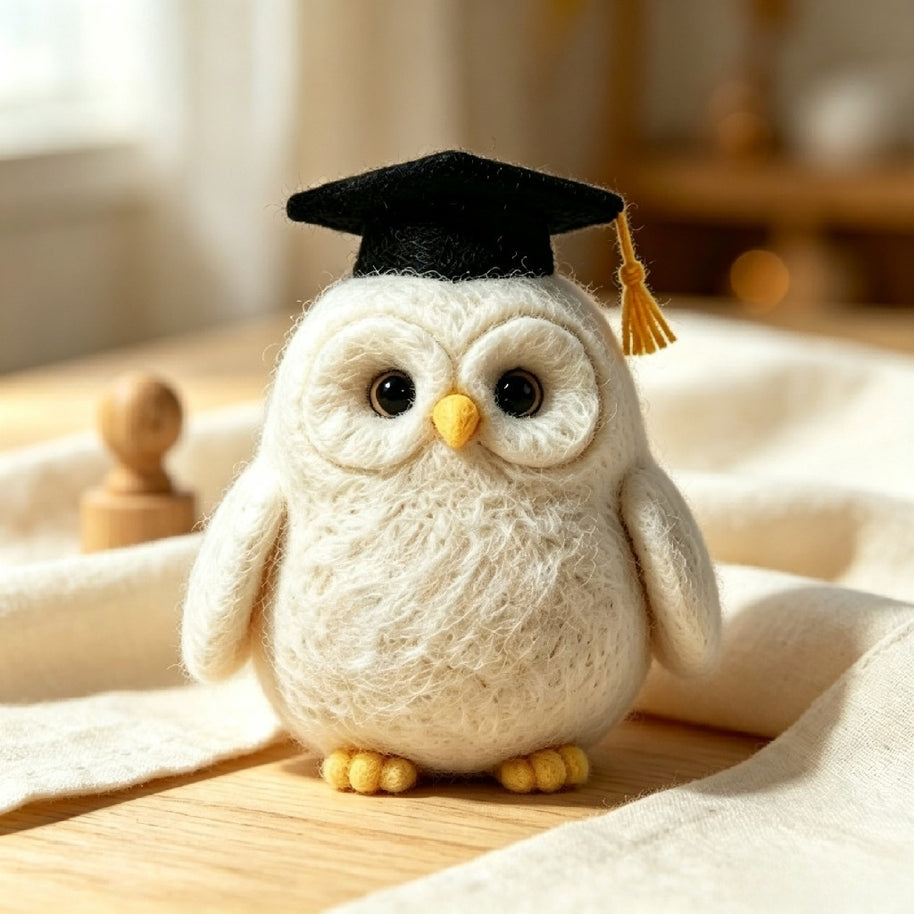 Handmade Wool Felt Graduation Owl Figurine – Celebration Desk Decor Gift
