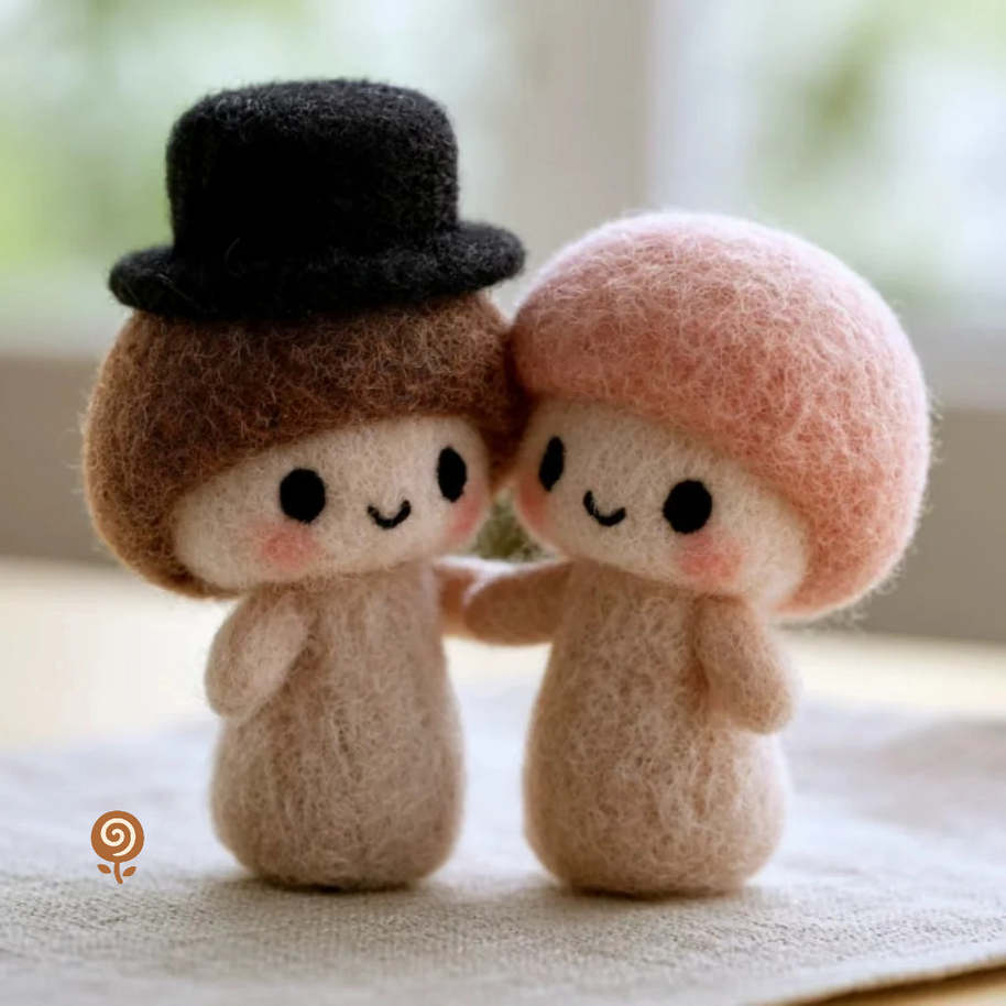 The Ever-After Mushroom Couple – Handmade Wool Felt Figurine Set