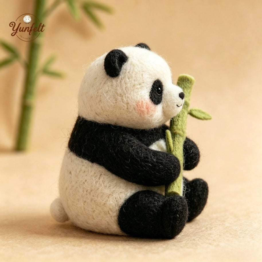 Handmade Wool Felt Panda Figurine – Bamboo Desk Decor Gift