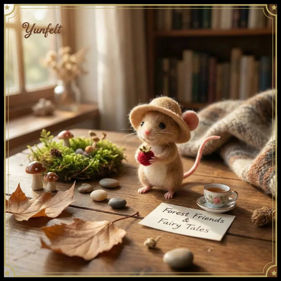 Mouse with Strawberry & Straw Hat – Wool Felt Summer Figurine