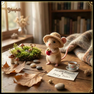 Mouse with Strawberry & Straw Hat – Wool Felt Summer Figurine