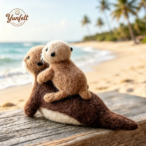 Mother & Baby Sea Otter – Wool Felt Coastal Bond Figurine