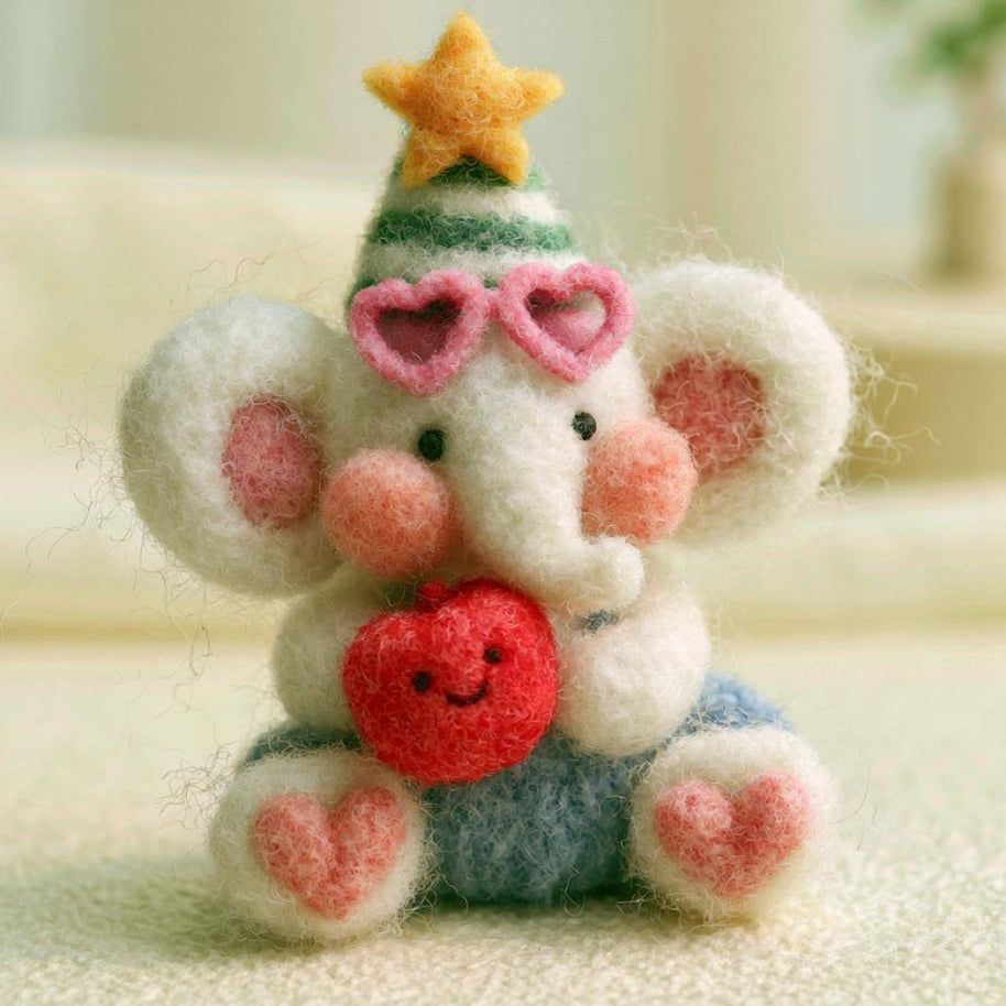 Handmade Wool Felt Party Star Elephant Figurine – Whimsical Desk Decor Gift