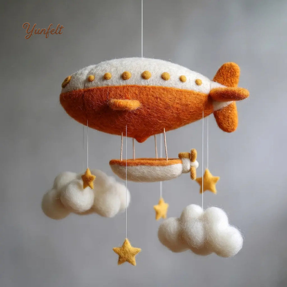 Vintage Airship Nursery Mobile – Wool Felt Cloud Navigator Hanging Decor
