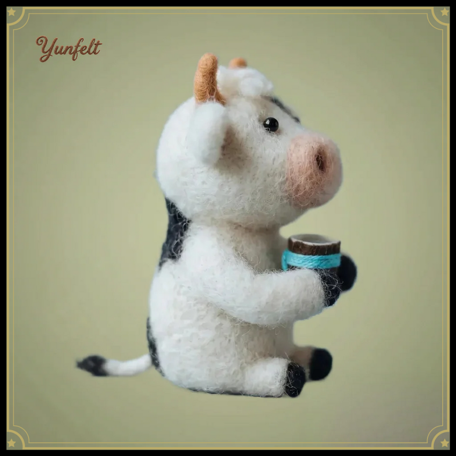 Sitting Cow Holding a Mug – Wool Felt Farmhouse Morning Companion
