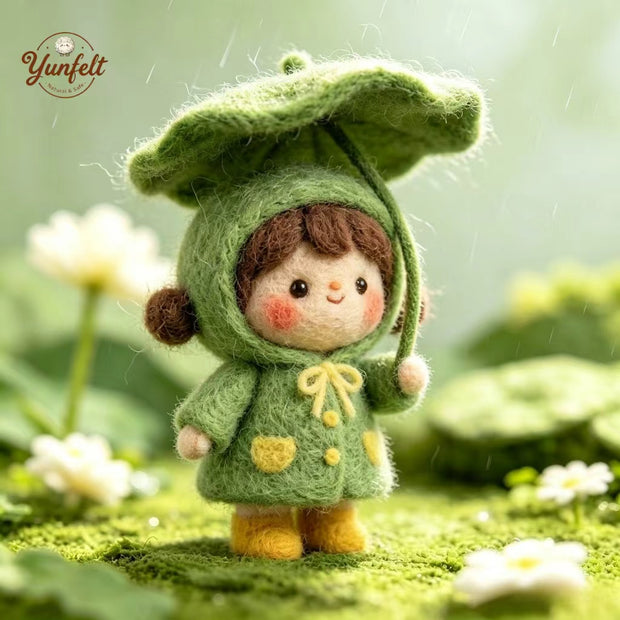 Handmade Wool Felt Leaf Umbrella Girl Figurine – Spring Desk Decor Gift