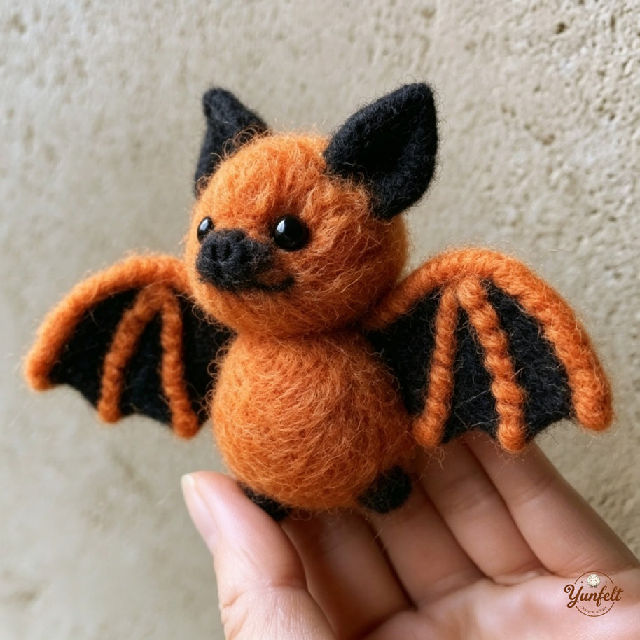 Handmade Wool Felt Orange Bat Figurine – Spooky Halloween Desk Decor Gift