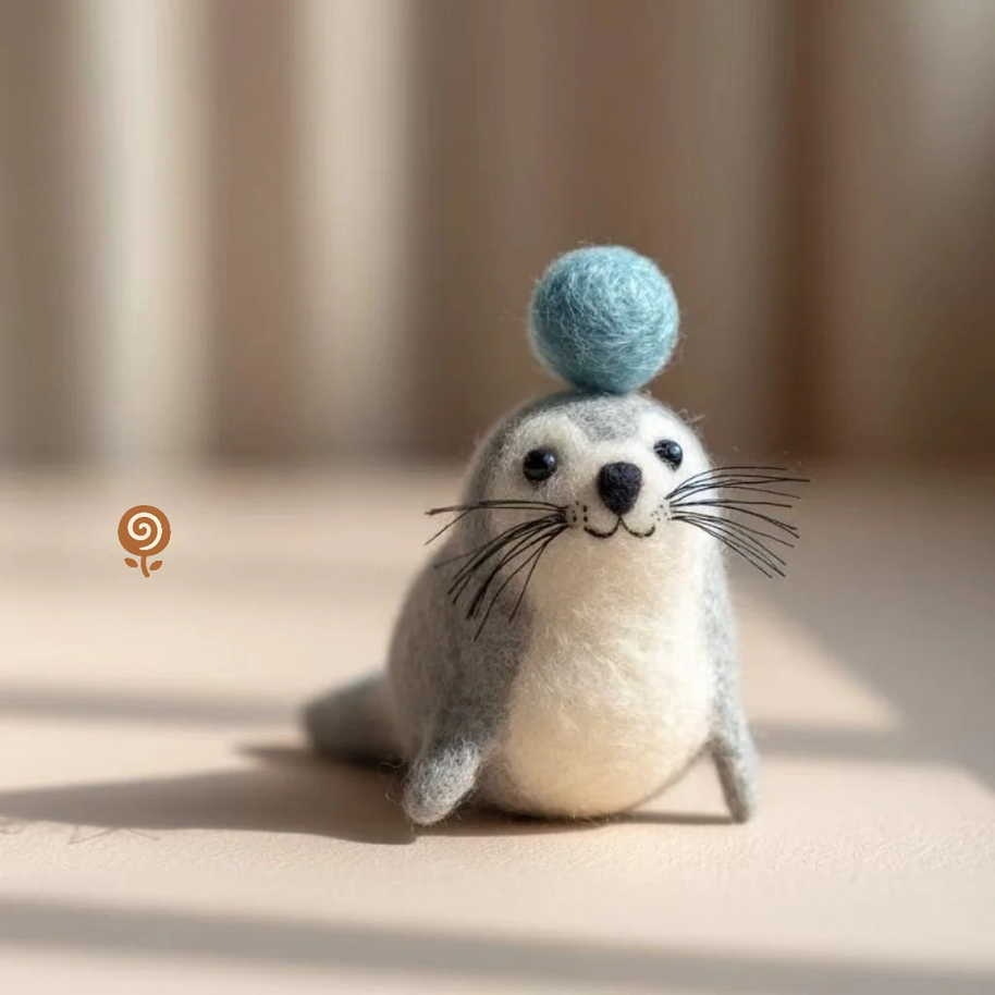 The Blue-Ball Balancing Seal – Handmade Wool Felt Figurine