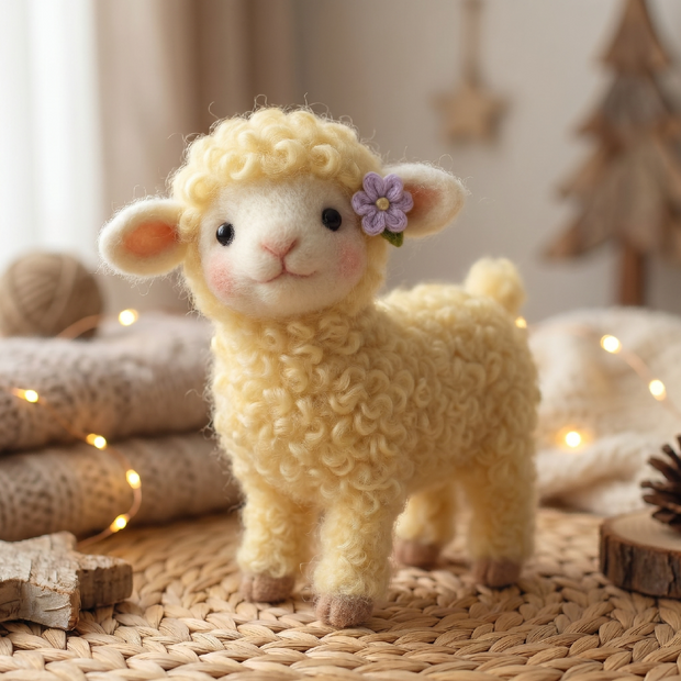 Blossom Meadow Lamb – Wool Felt Figurine with Flower Accent