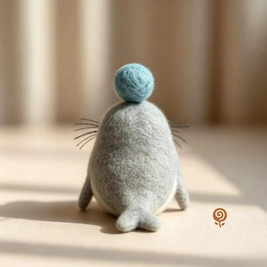The Blue-Ball Balancing Seal – Handmade Wool Felt Figurine