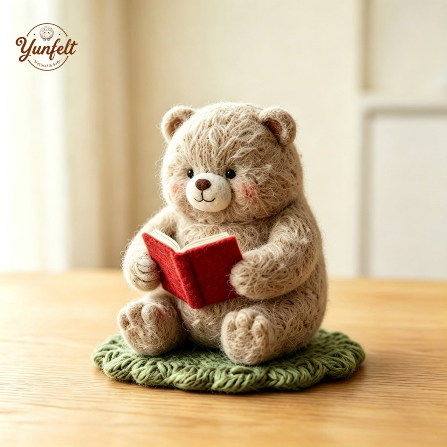 Handmade Wool Felt Reading Bear Figurine – Cozy Desk Decor Gift