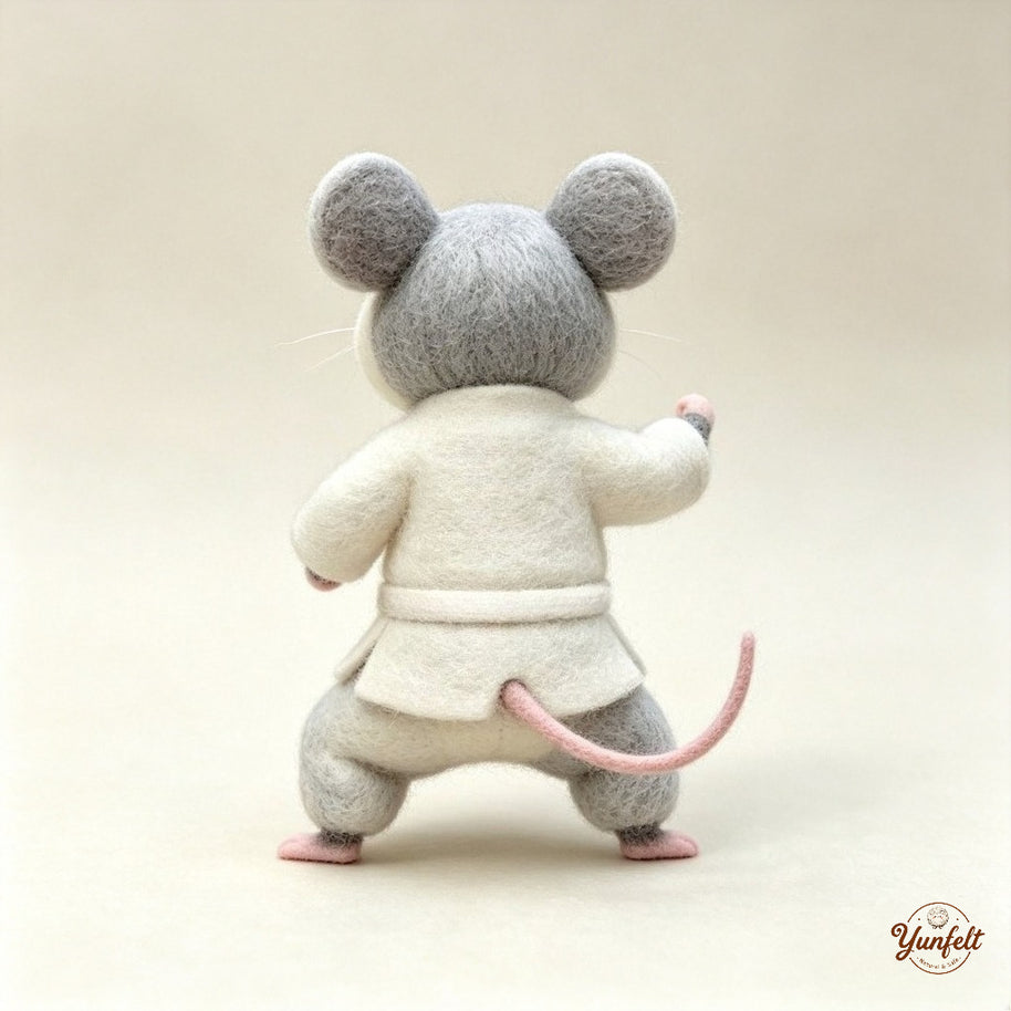 Handmade Wool Felt Martial Arts Mouse Figurine – Whimsical Desk Decor Gift