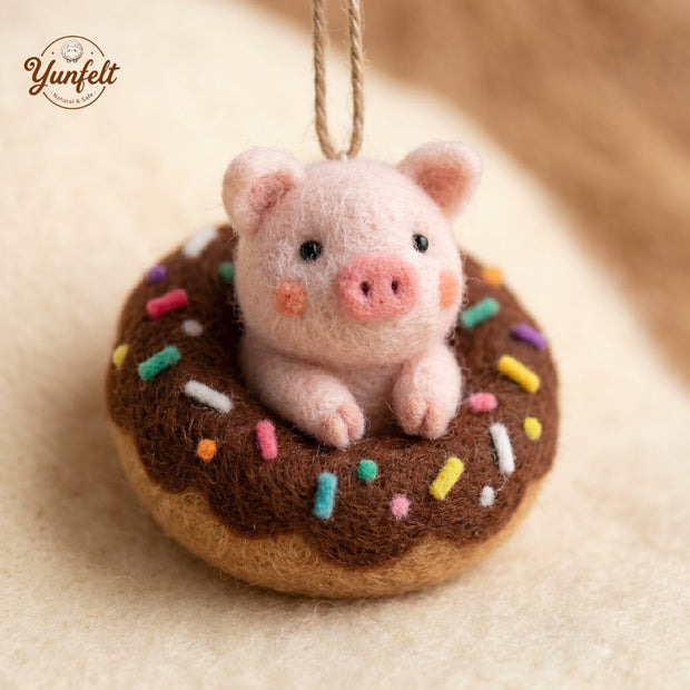 Donut Piggy Ornament – Wool Felt Sprinkled Hanging Decor