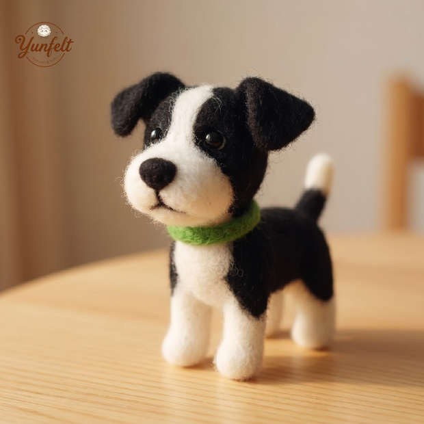 Black‑and‑White Cow Dog with Green Collar – Sunny Wool Felt Desk Pet