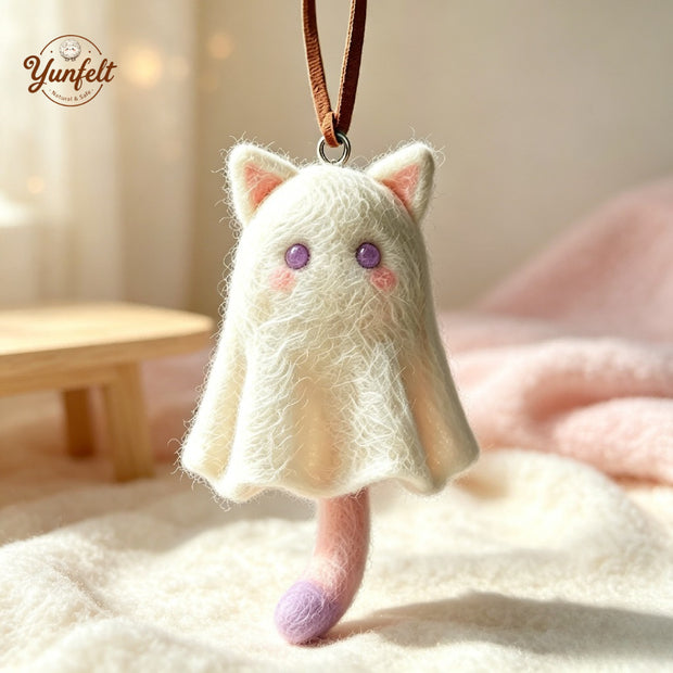 Handmade Wool Felt Cat Ghost Hanging Charm – Bag Accessory Gift
