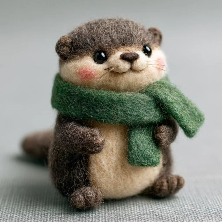 Handmade Wool Felt Cozy Scarf Otter Figurine – Winter Desk Decor Gift