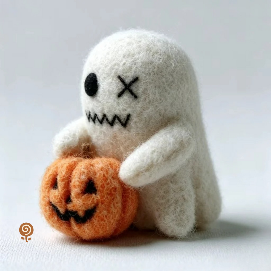 The Pumpkin-Hugging Little Ghost – Handmade Wool Felt Halloween Figurine