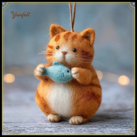 Orange Tabby Cat with Blue Fish – Wool Felt Hanging Ornament