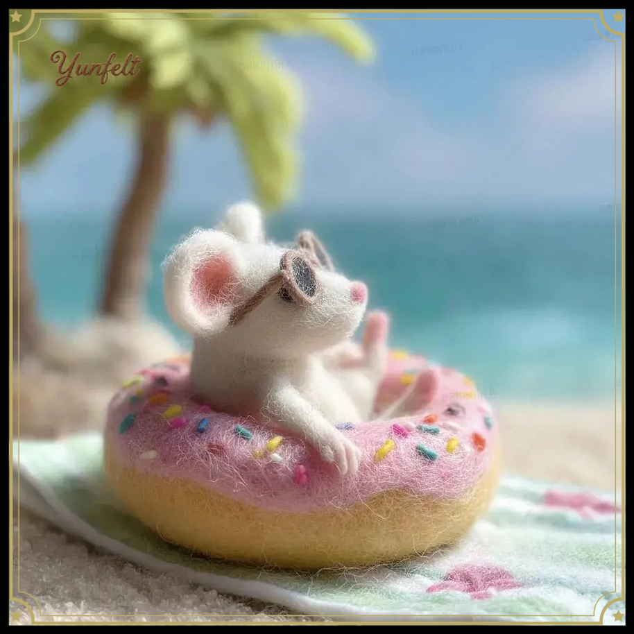 Beach Mouse in Donut Floatie – Wool Felt Summer Desk Pet