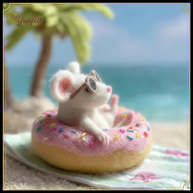 Beach Mouse in Donut Floatie – Wool Felt Summer Desk Pet