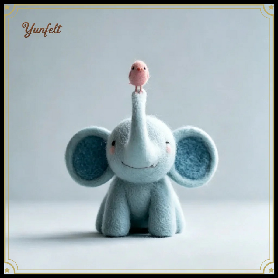 Friendship Blue Elephant with Pink Bird – Wool Felt Heartwarming Figurine