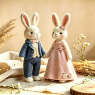 Handmade Wool Felt Bunny Couple Figurine – Romantic Wedding Decor Gift