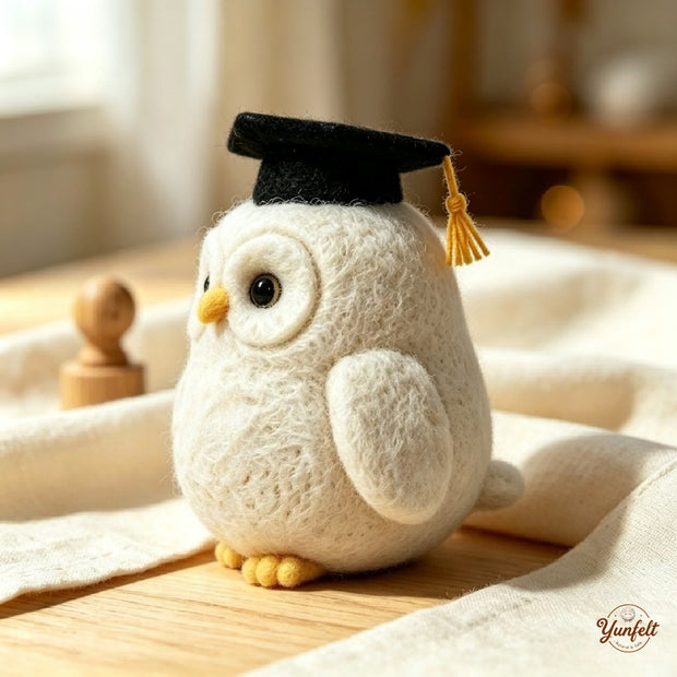 Handmade Wool Felt Graduation Owl Figurine – Celebration Desk Decor Gift