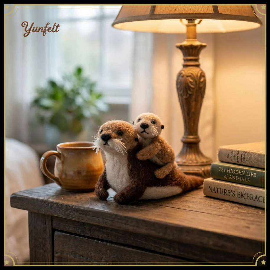 Mother & Baby Sea Otter – Wool Felt Coastal Bond Figurine