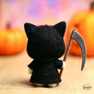 Handmade Wool Felt Reaper Cat Figurine – Spooky Halloween Desk Decor Gift
