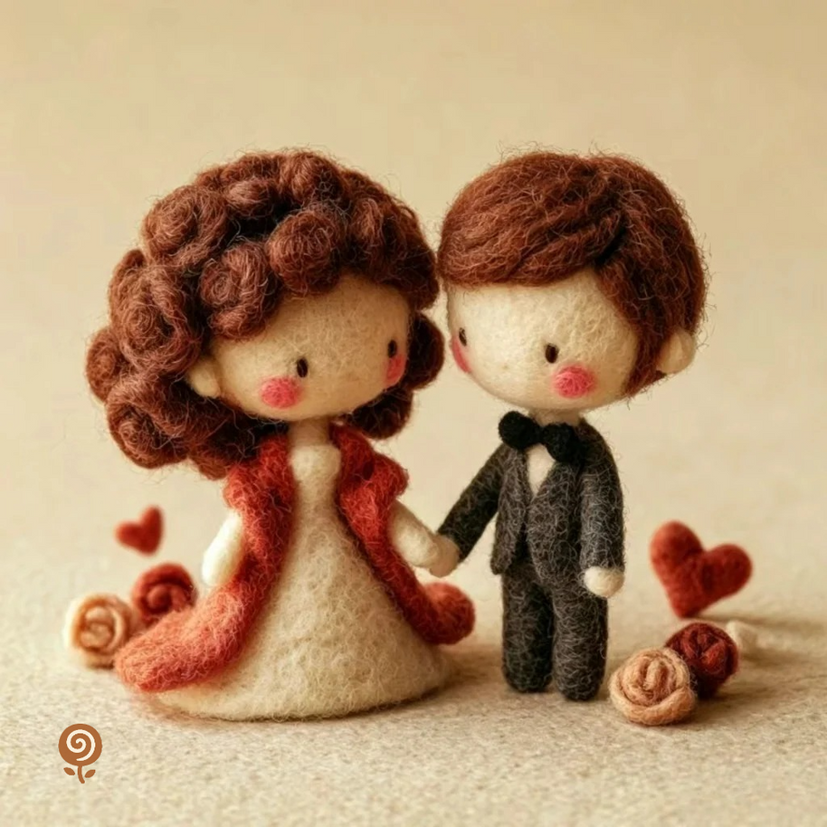 The Hand-in-Hand Wedding Couple – Handmade Wool Felt Figurine Set