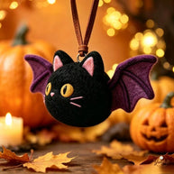 Handmade Wool Felt Bat Cat Hanging Charm – Halloween Home Decor Gift