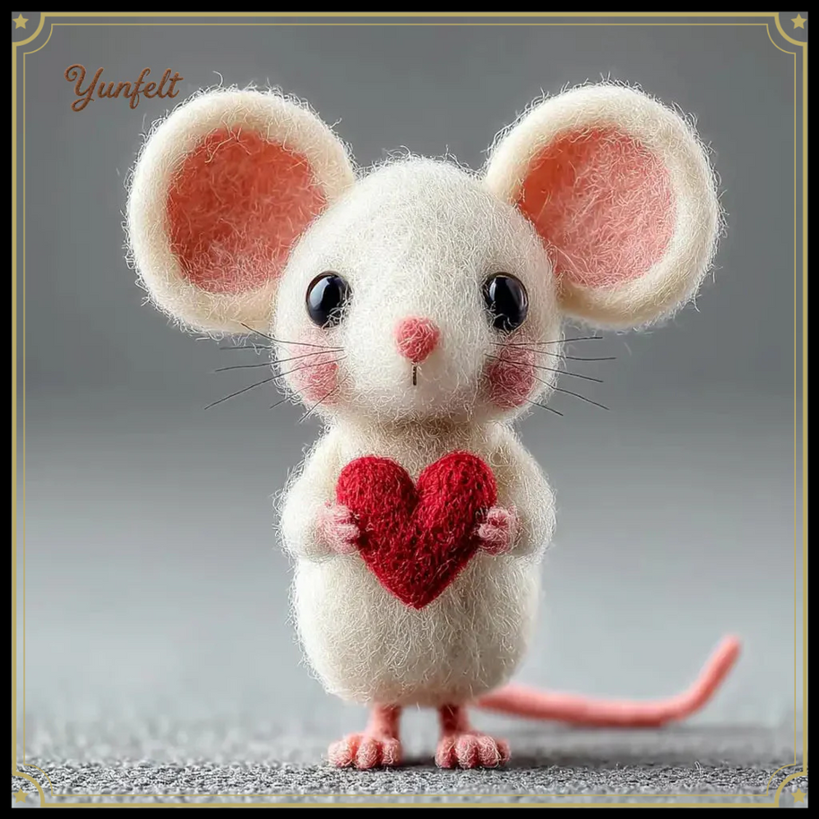 Mouse Holding a Red Heart – Wool Felt Romantic Desk Figurine