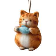 Orange Tabby Cat with Blue Fish – Wool Felt Hanging Ornament