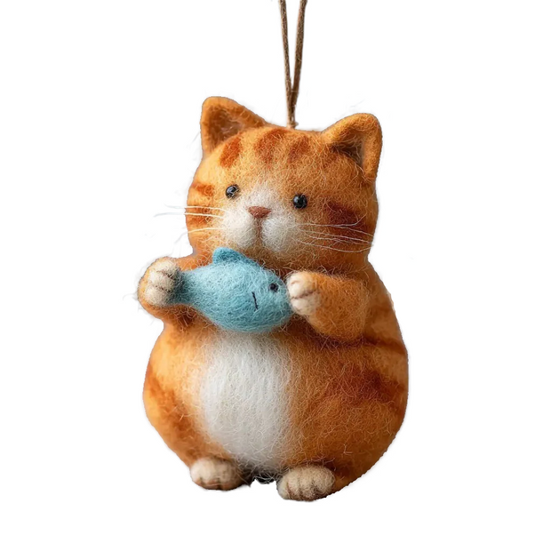 Orange Tabby Cat with Blue Fish – Wool Felt Hanging Ornament
