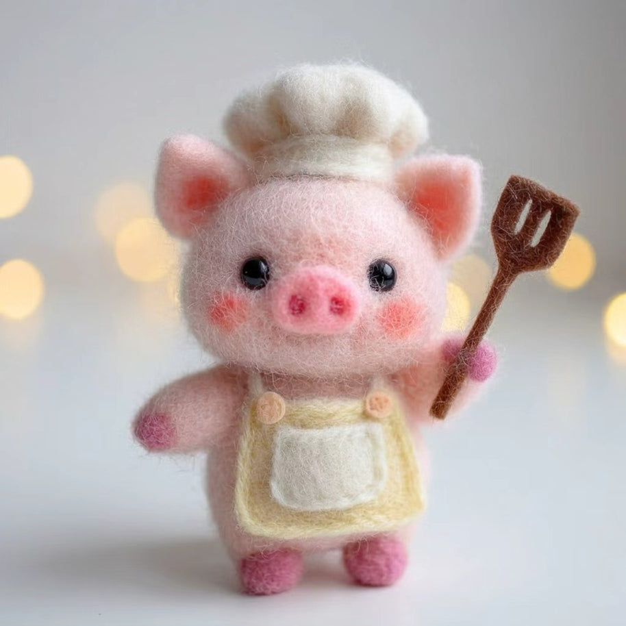 Handmade Wool Felt Chef Pig Figurine – Kitchen Desk Decor Gift