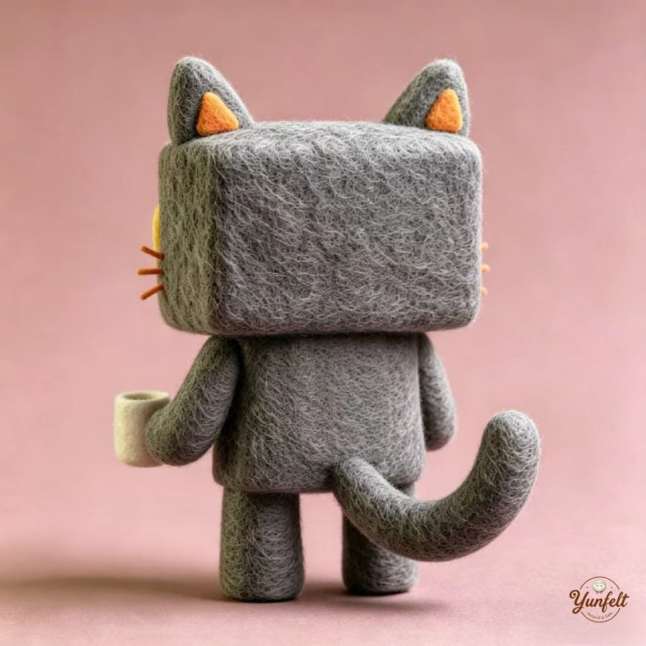 Handmade Wool Felt Square Cat Figurine – Coffee Lover Desk Decor Gift