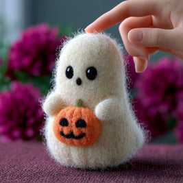 The Pumpkin-Hugging Little Ghost – Handmade Wool Felt Halloween Figurine