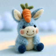 Handmade Wool Felt Carrot-Topped Blue Donkey Figurine – Whimsical Desk Decor Gift