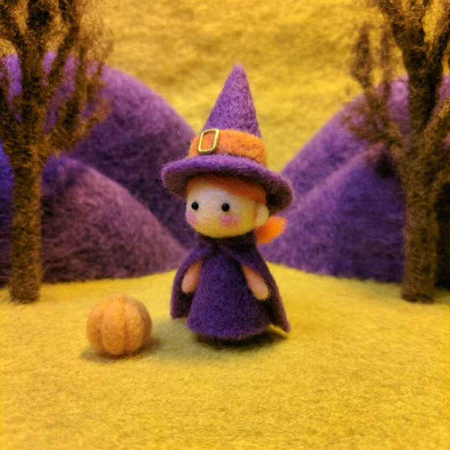 Handmade Wool Felt Little Witch Figurine – Whimsical Halloween Desk Decor Gift