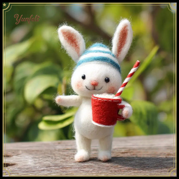 Rabbit with Striped Hat and Red Mug – Cozy Wool Felt Desk Friend