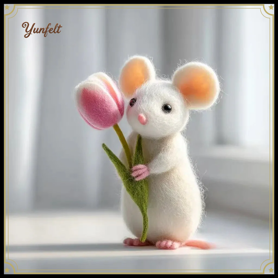 Spring Mouse Holding Pink Tulip – Wool Felt Floral Figurine