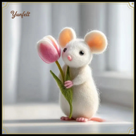Spring Mouse Holding Pink Tulip – Wool Felt Floral Figurine