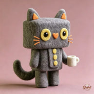 Handmade Wool Felt Square Cat Figurine – Coffee Lover Desk Decor Gift