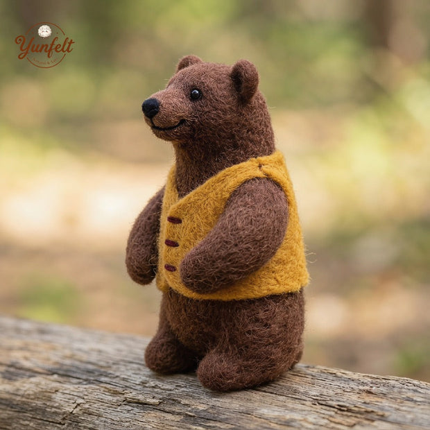 Storybook White Bear in Green Vest – Wool Felt Gentle Desk Companion