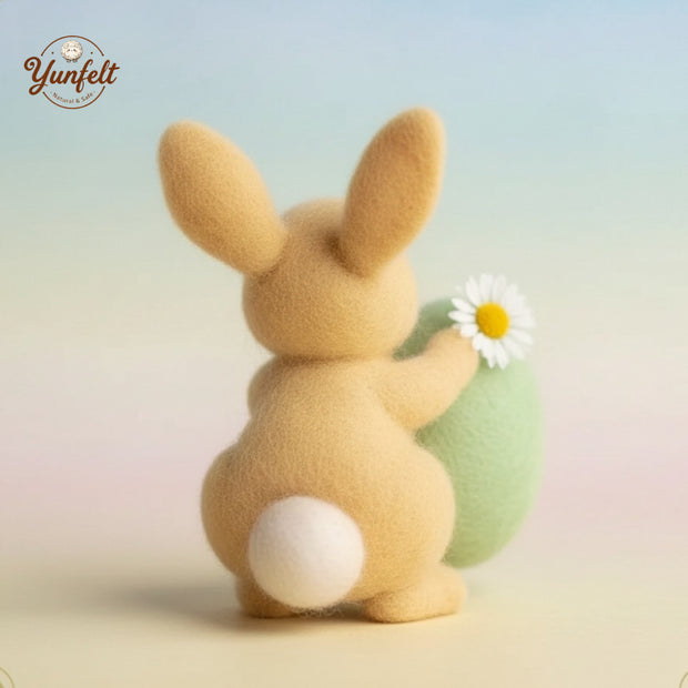 Honey Brown Bunny with Daffodil Egg – Wool Felt Easter Figurine